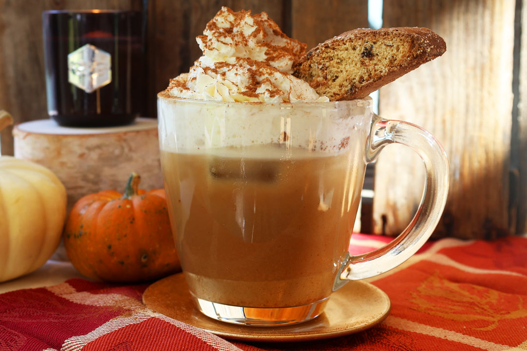 boozy pumpkin spice latte in a mug