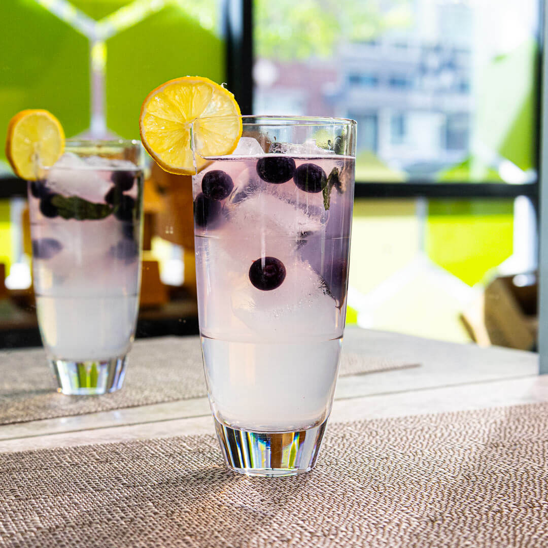 blueberry mojito with honey garnished with a lemon slice