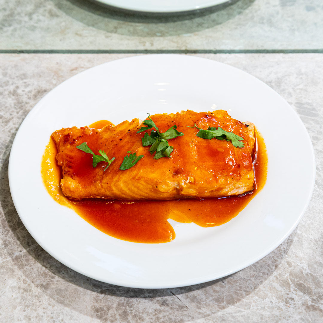 spicy honey glazed salmon on a plate