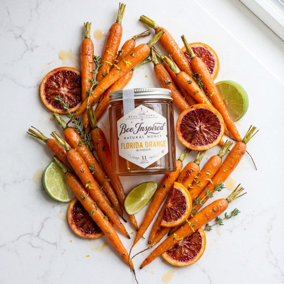 Jar of 'Bee Inspired' Florida Orange honey surrounded by roasted carrots and blood oranges on a marble surface.