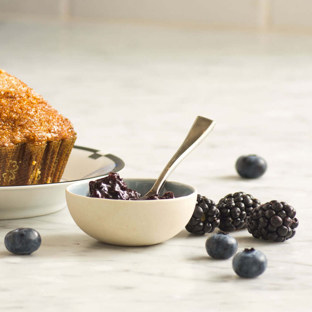 black and blue jam with blackberries and blueberries