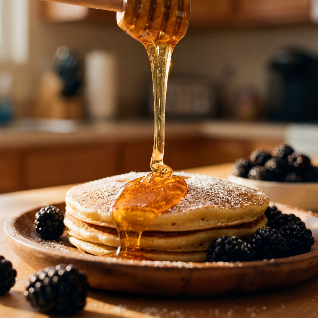 a honey dipper drizzling honey onto a stack of three pancakes, with blackberries scattered around