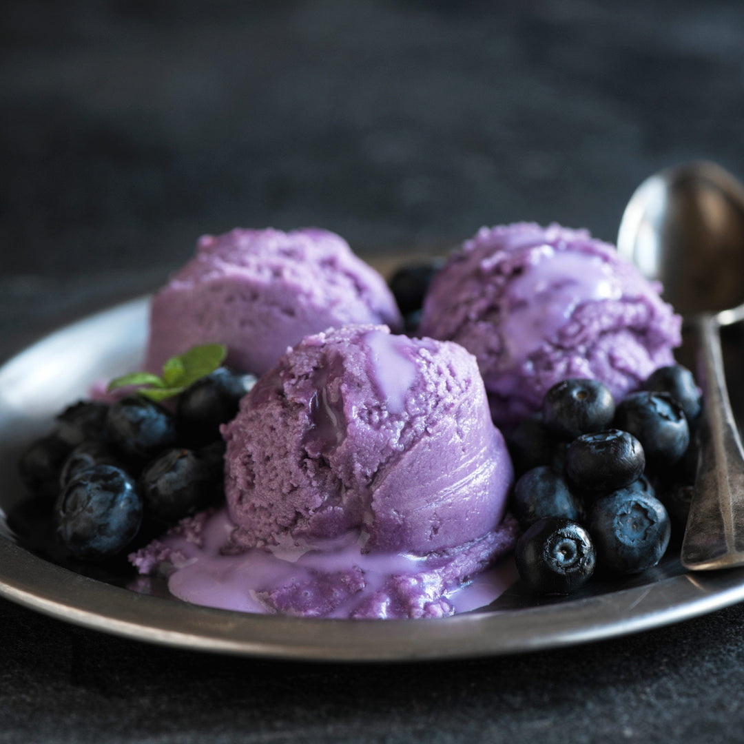 homemade blueberry ice cream with blueberries on a dark background