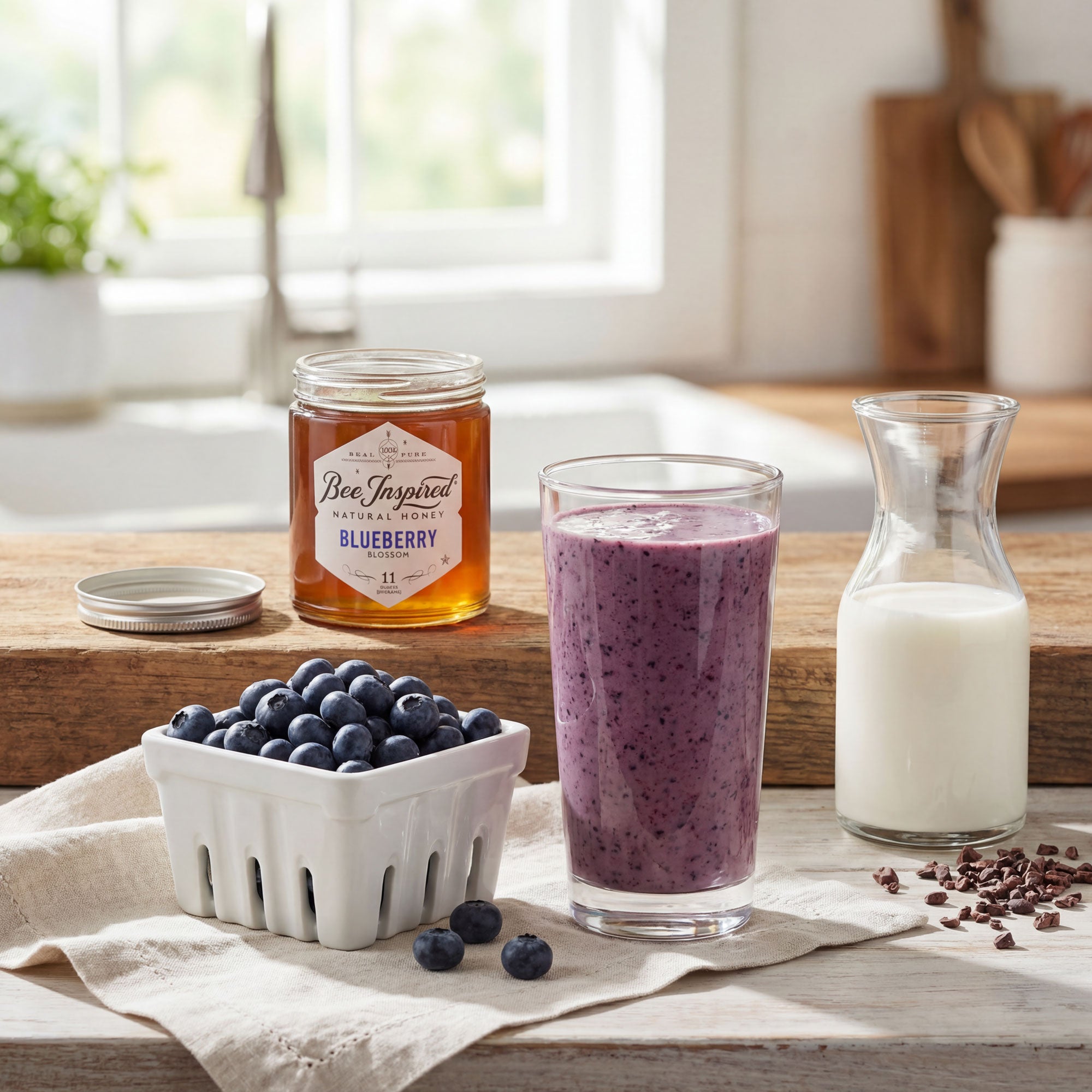 Purple blueberry honey smoothie with cacao nibs in a glass on a gray surface with blueberries.