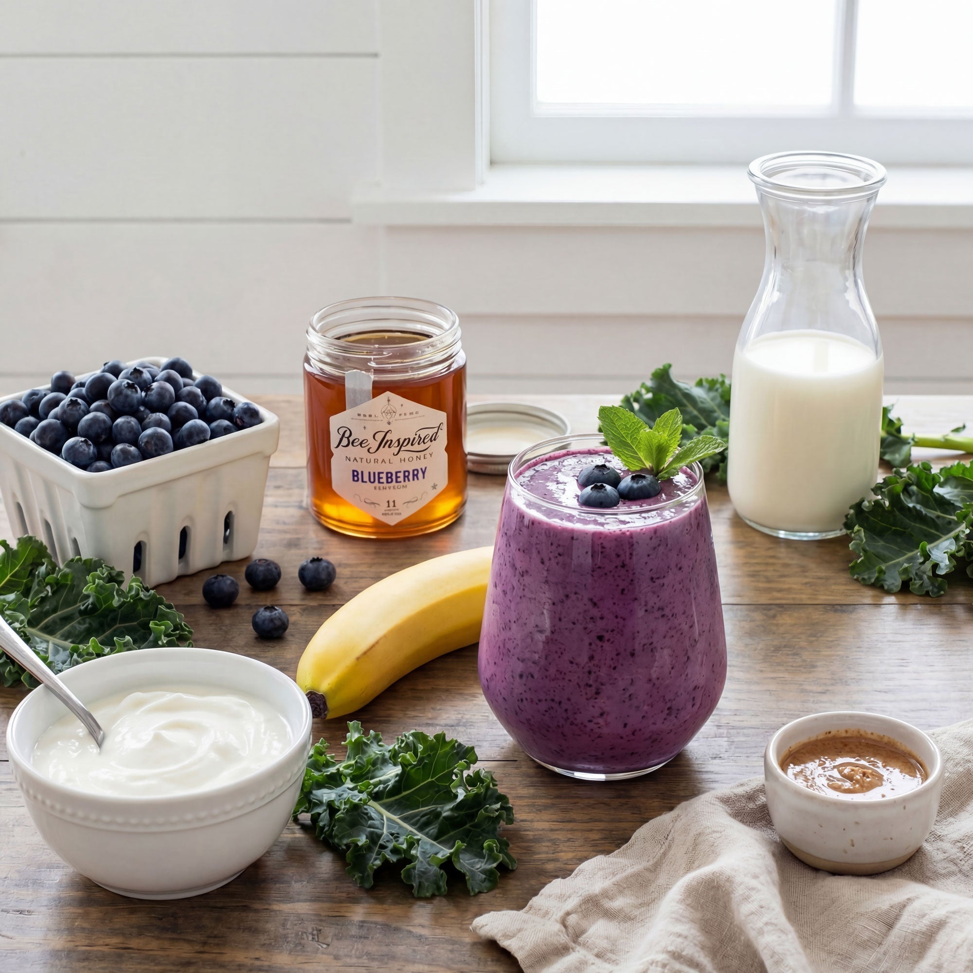 blueberry smoothie with blueberries, milk and blueberry honey