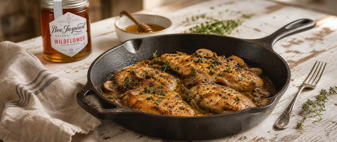 chicken with sauteed mushrooms in skillet with Bee Inspired Honey