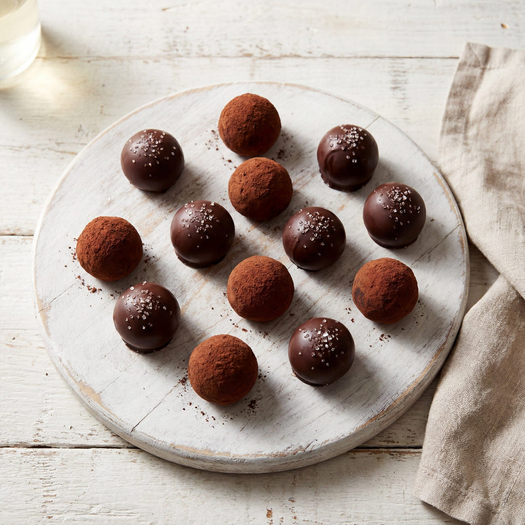 Chocolate truffles on a rustic wooden board with a cloth napkin.