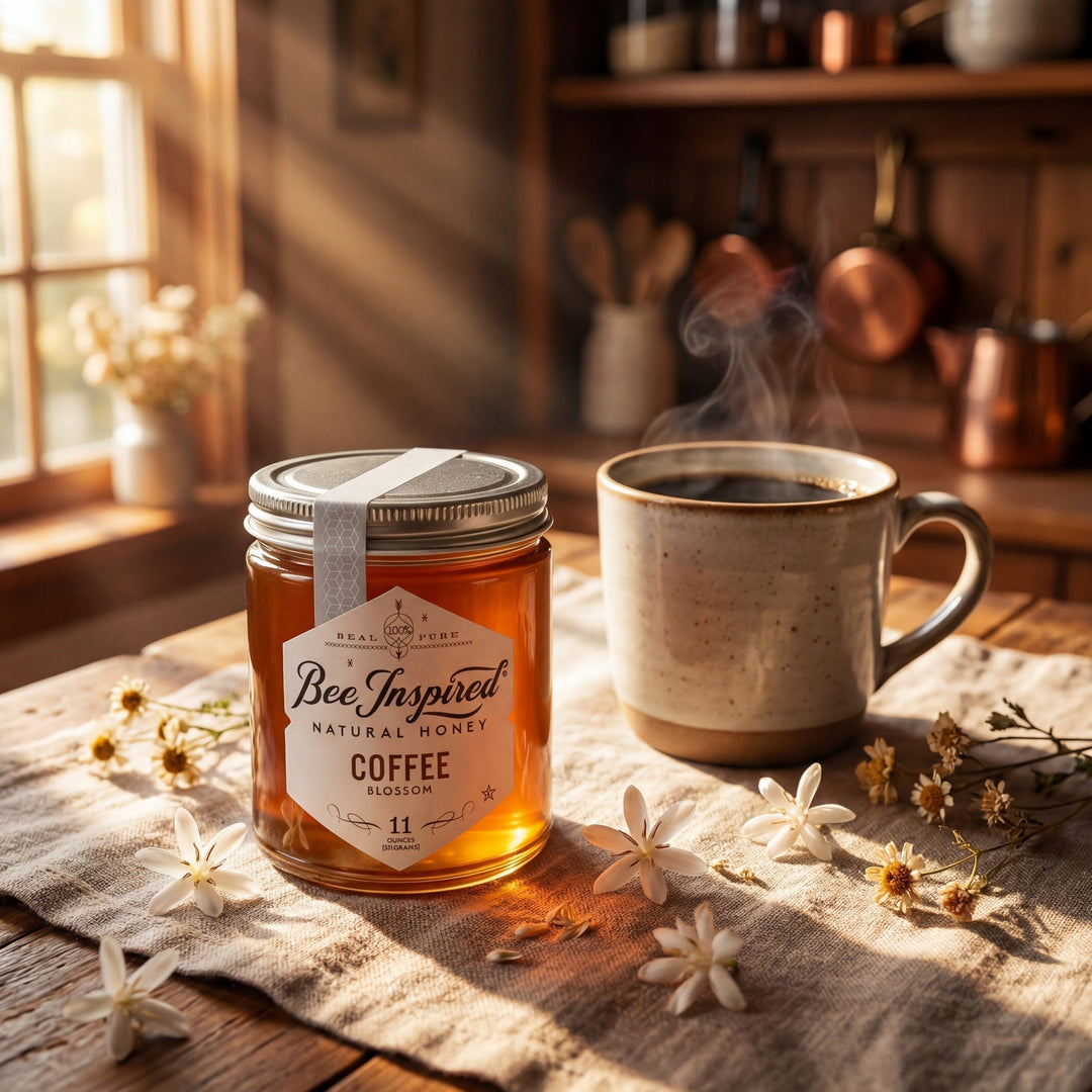 Jar of Bee Inspired Coffee Blossom Honey and a steaming mug on a wooden table with flowers.