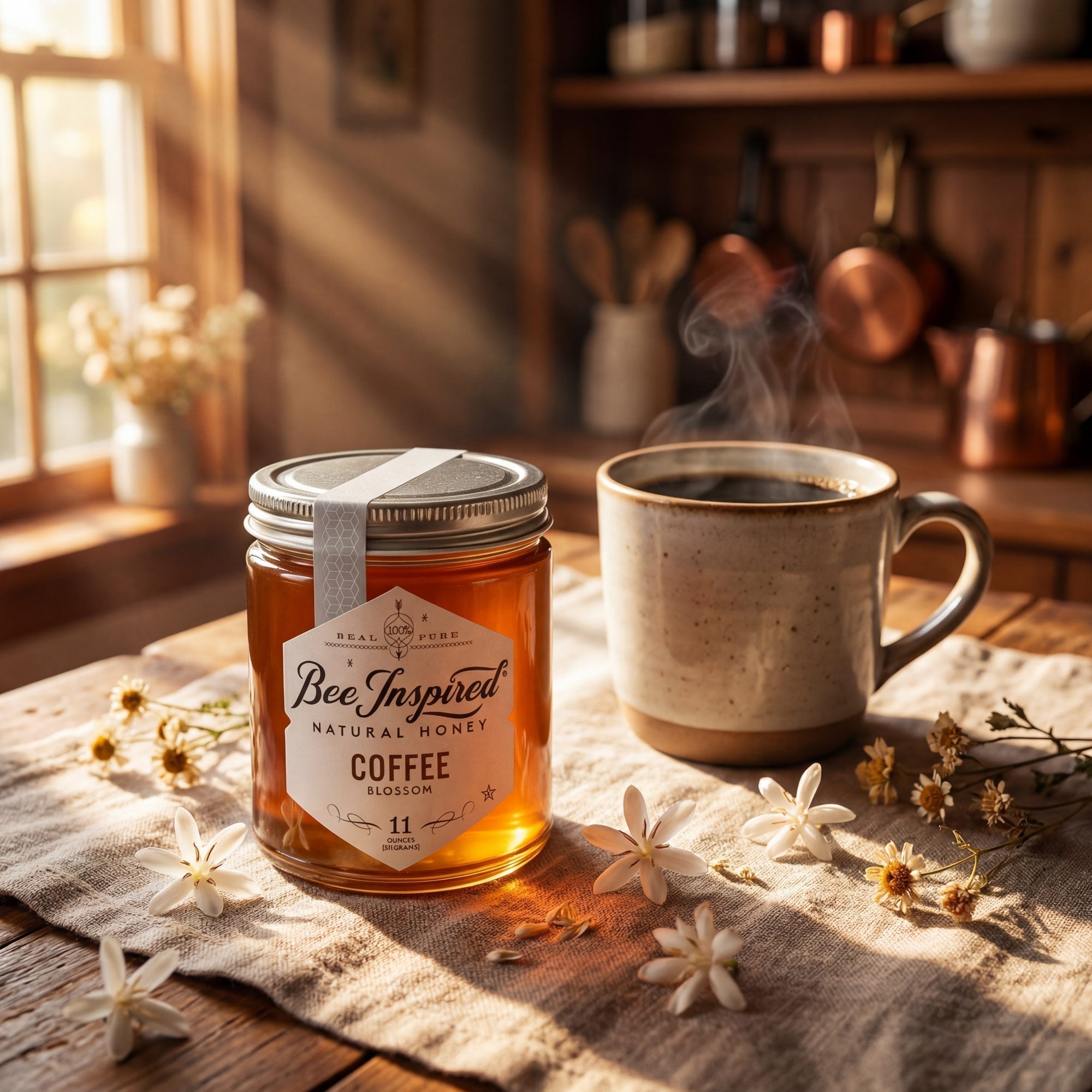 Jar of Bee Inspired Coffee Blossom Honey and a steaming mug on a wooden table with flowers.