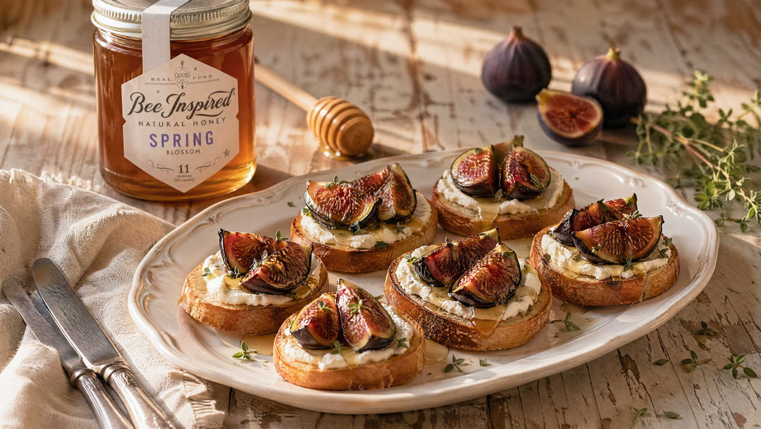 platter of fresh fig crostini with spring honey
