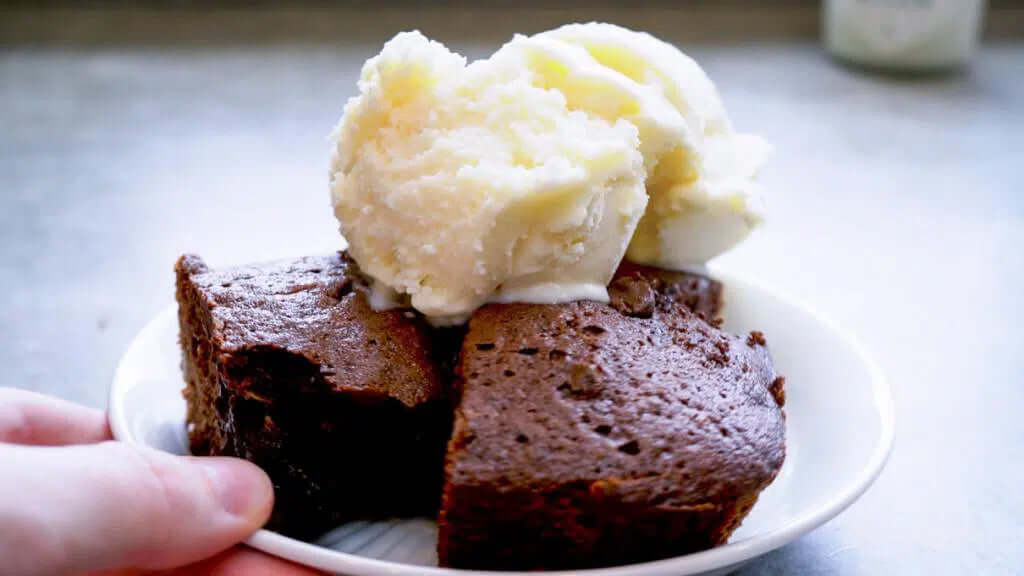 Homemade Brownie Sundae with Honey and ice cream on plate
