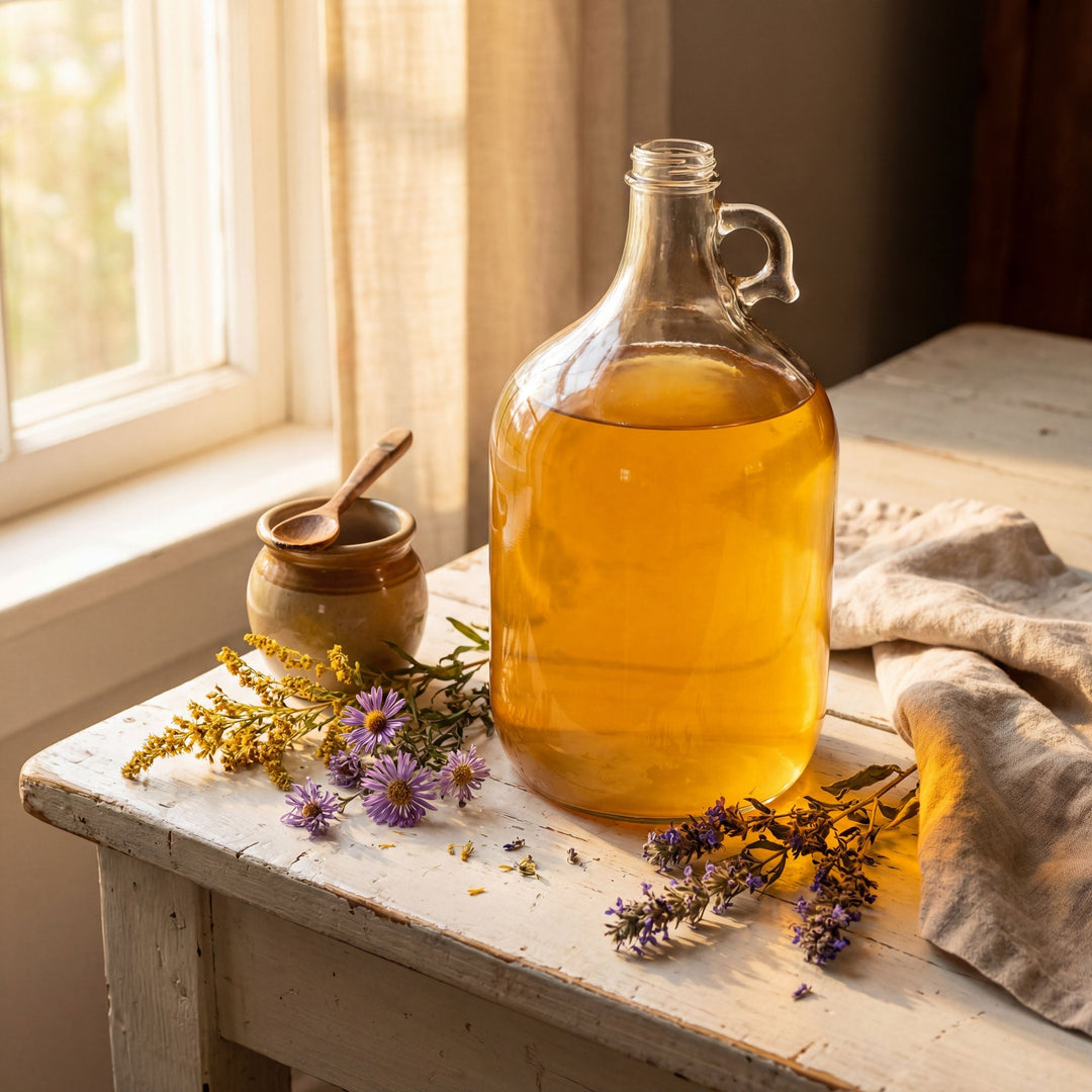 Gallon glass jar of finished wildflower honey mead