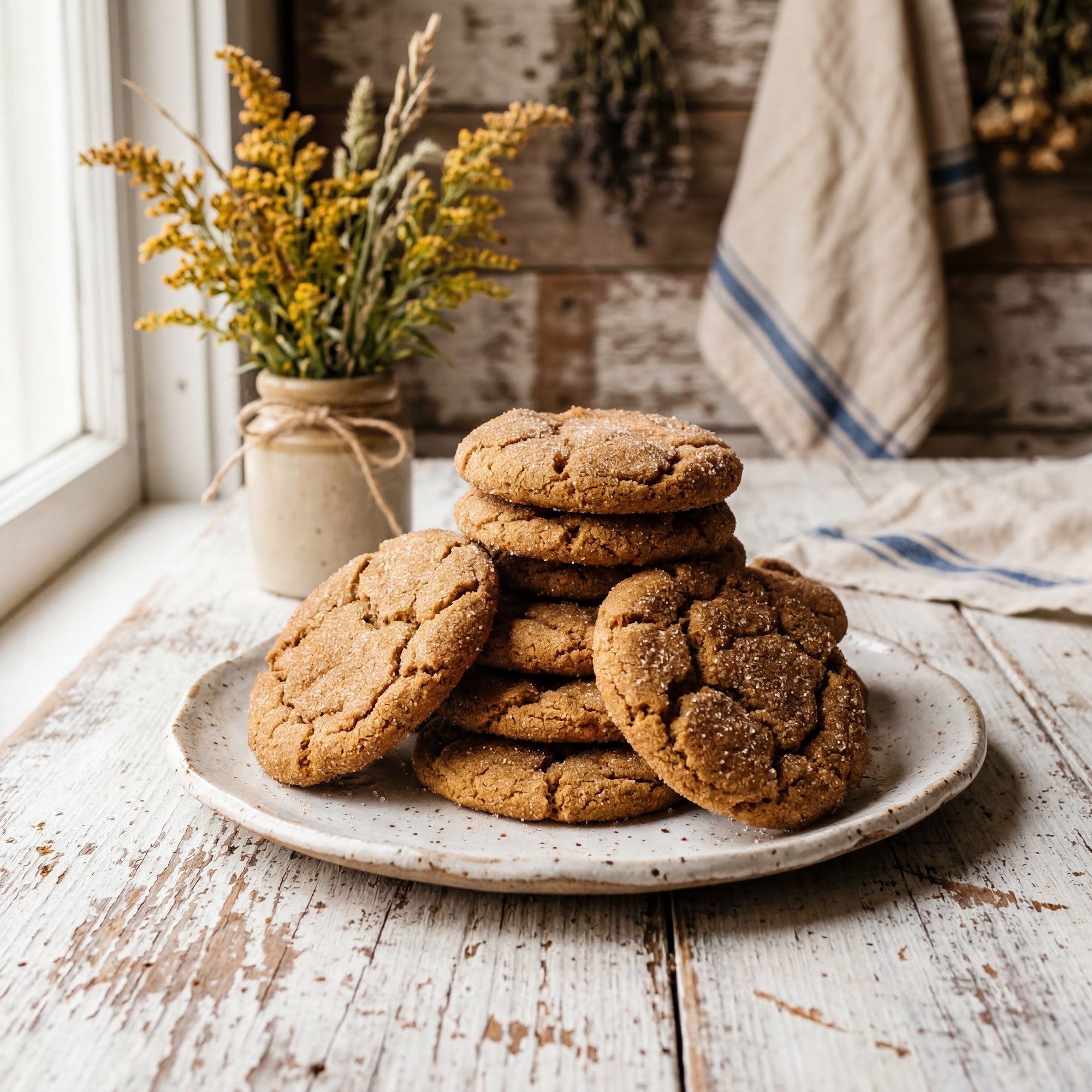 Stack of ginger cookies on a plate with a vase of flowers in the background