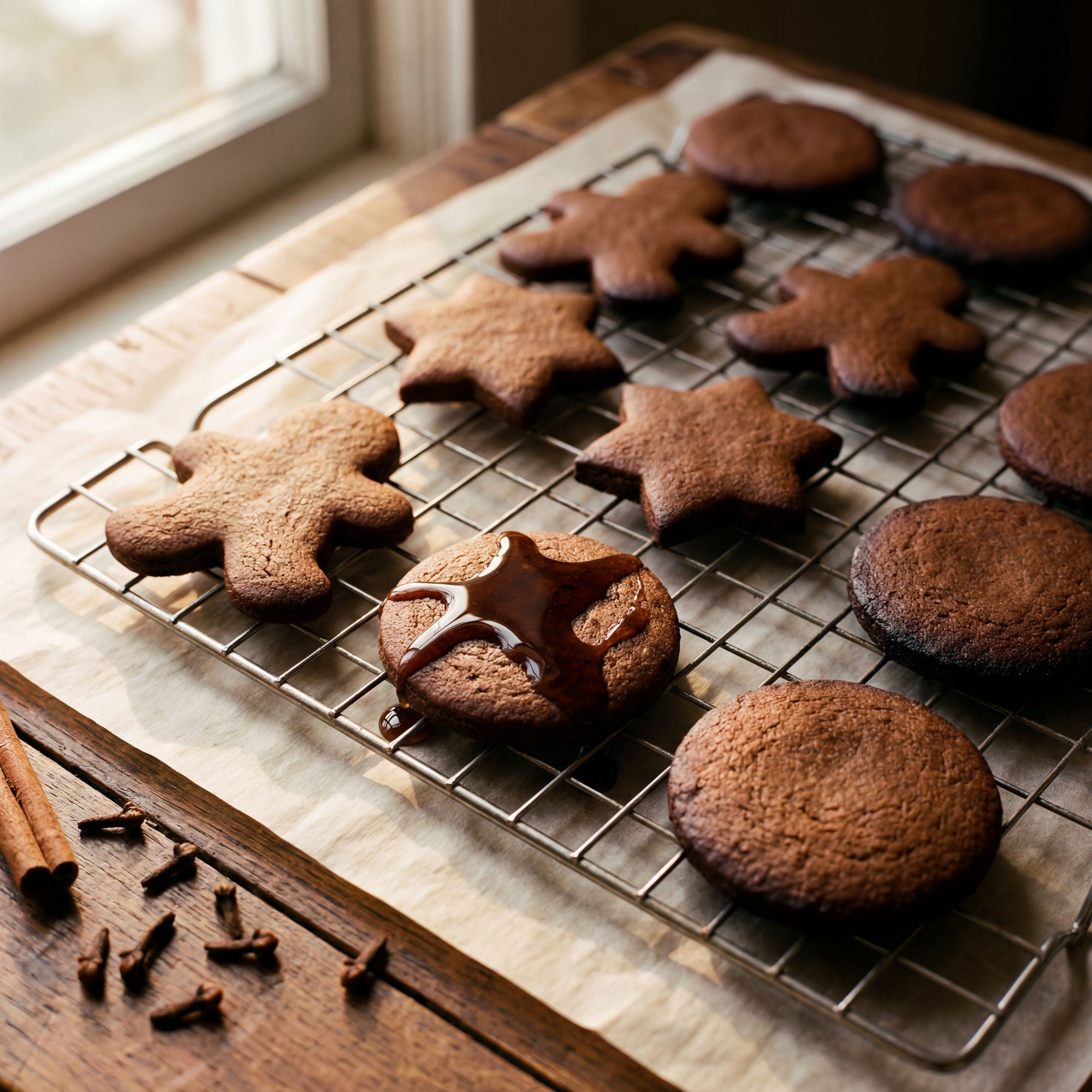 gingerbread cookies sitting on a cooling rack
