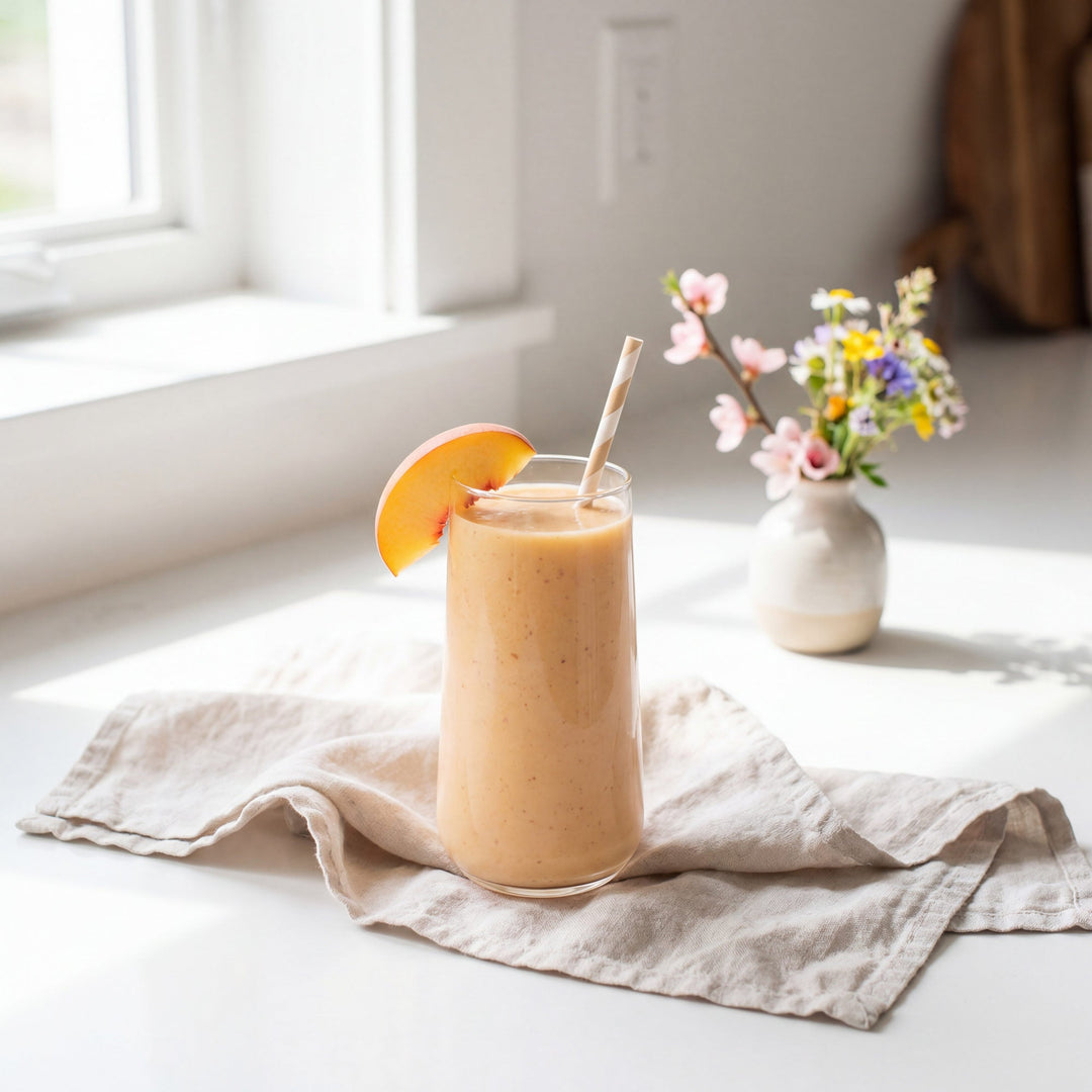 Easy peach smoothie recipe made with Ukrainian sunflower honey and frozen peaches