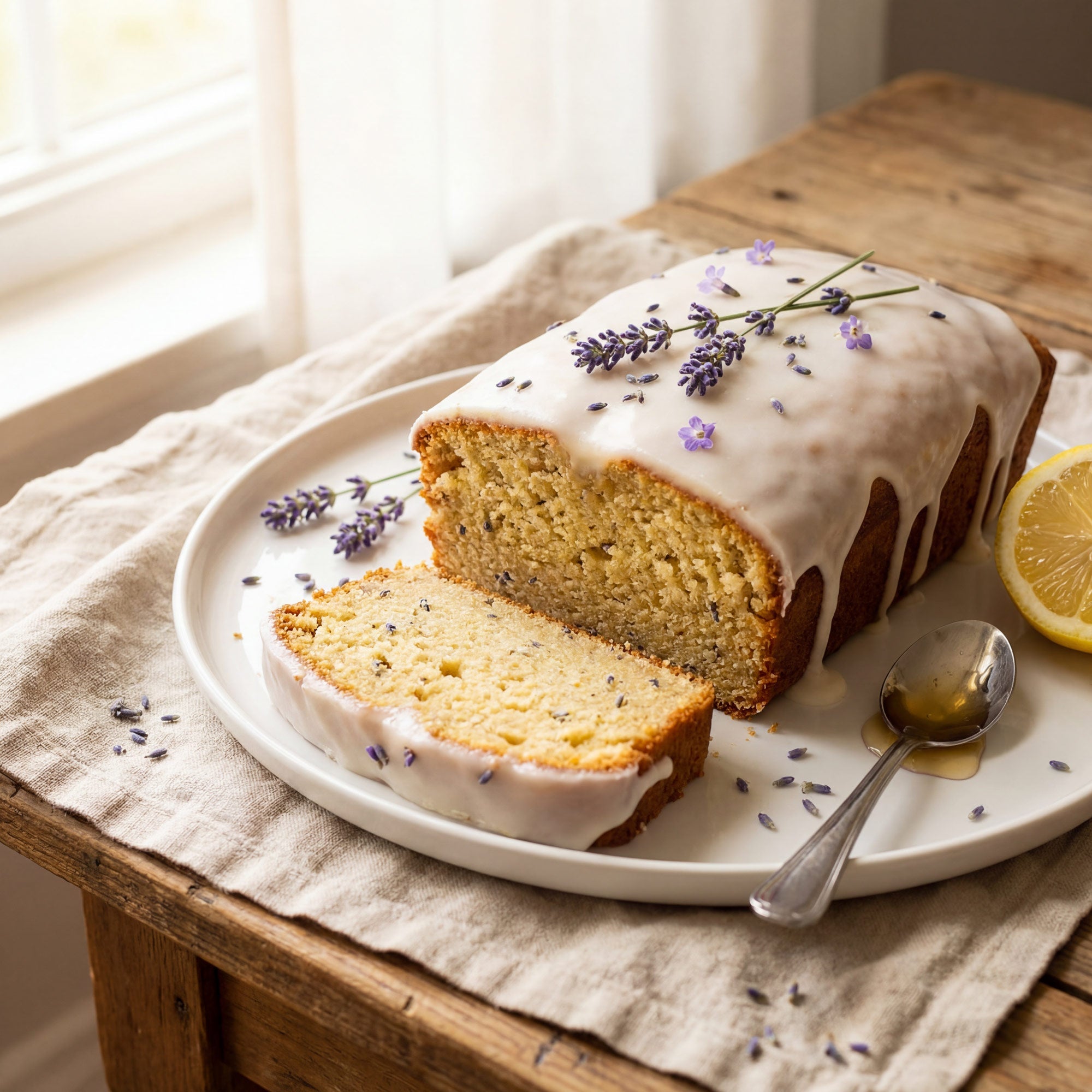 Lavender Honey Lemon Cake with spoon