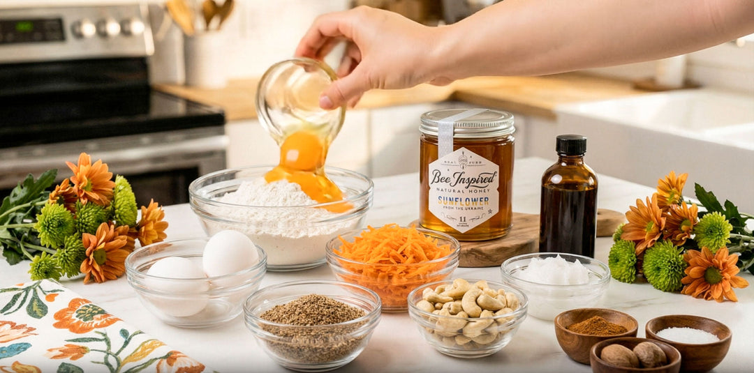 Person preparing ingredients on a kitchen counter with a jar of honey and other items.