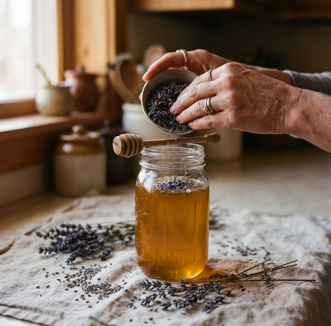 a woman's hands moving lavender into a jar of honey