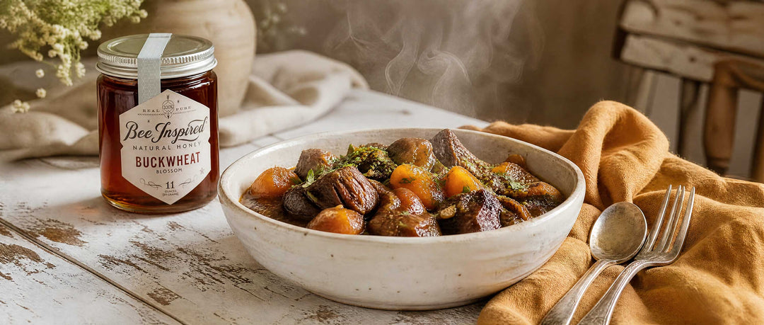 morocan lamb stew with buckwheat honey on wood table