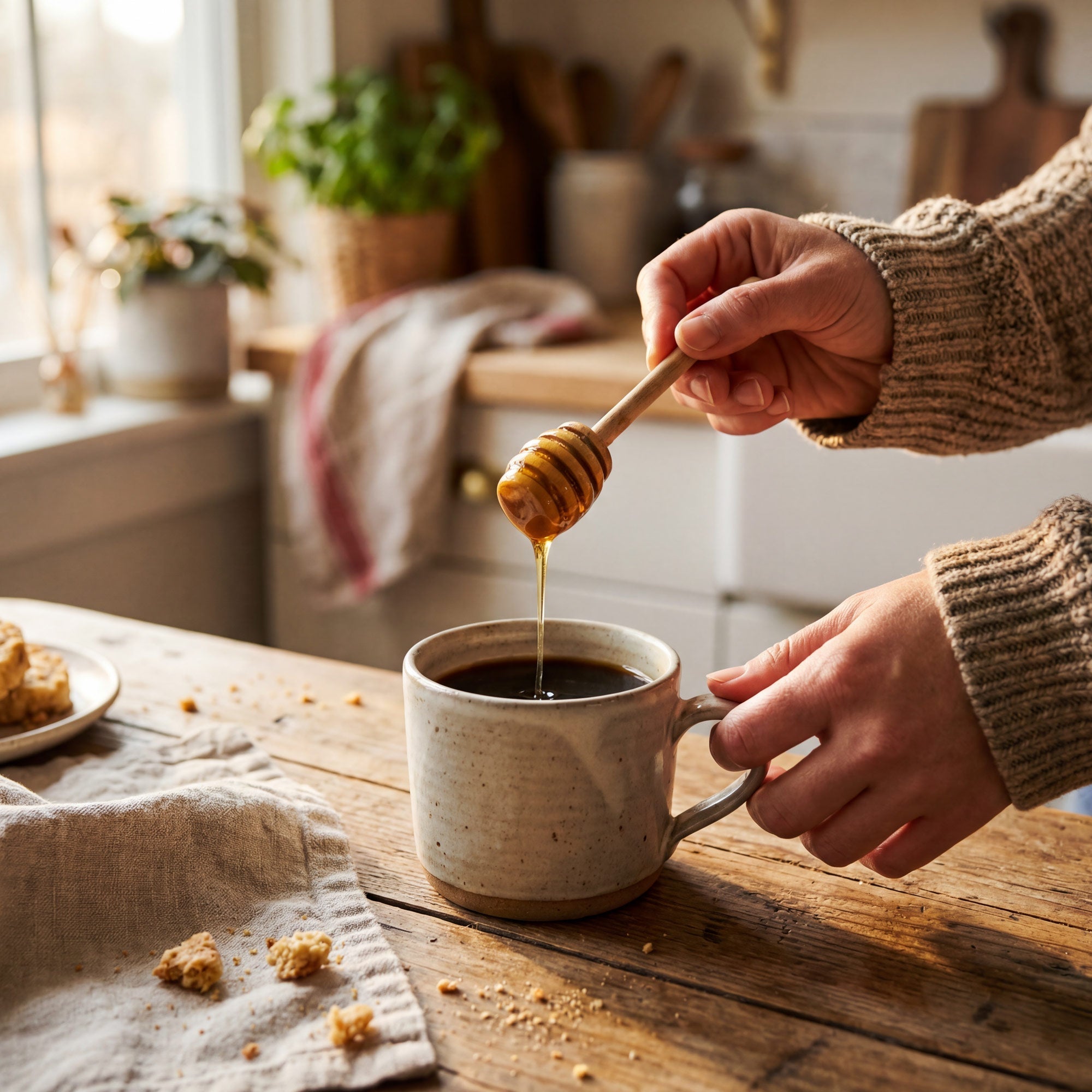 Person drizzling honey into a mug of coffee on a wooden table.