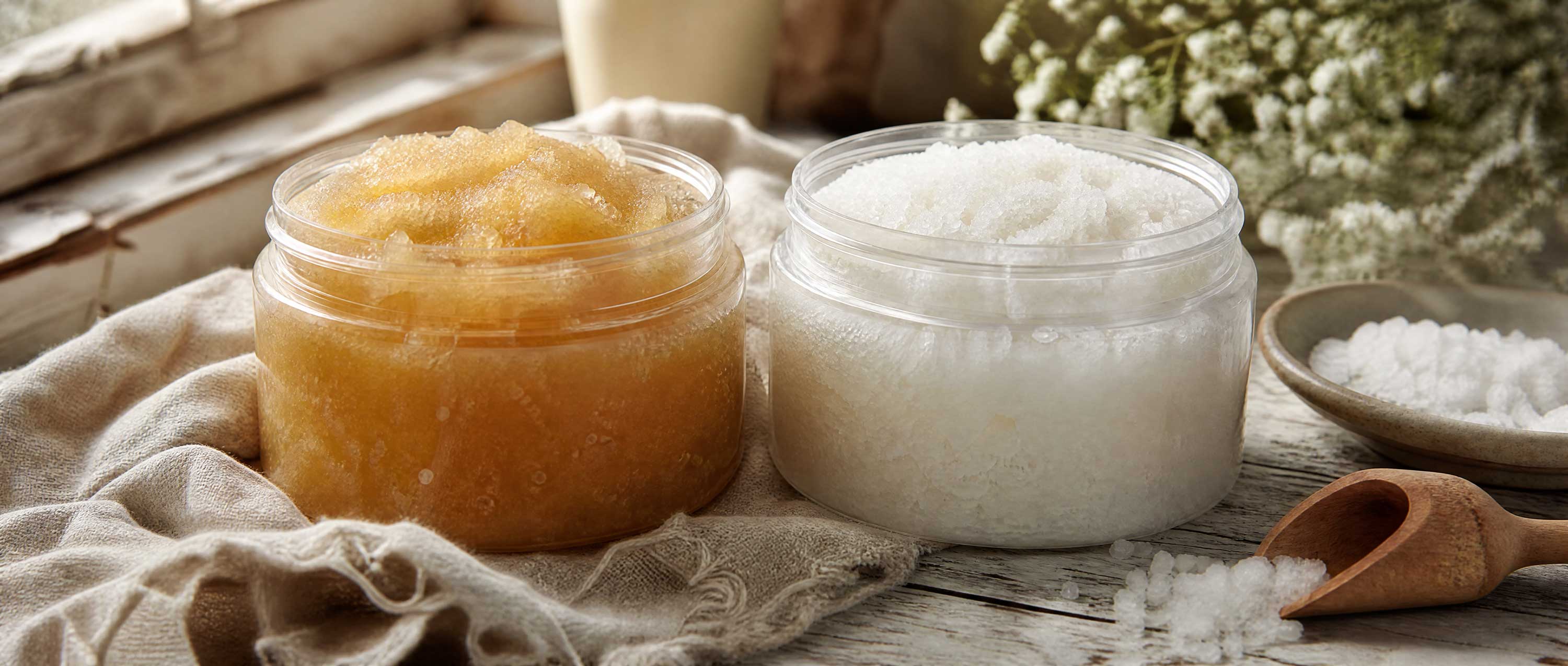 tub of sugar scrub next to tub of salt scrub