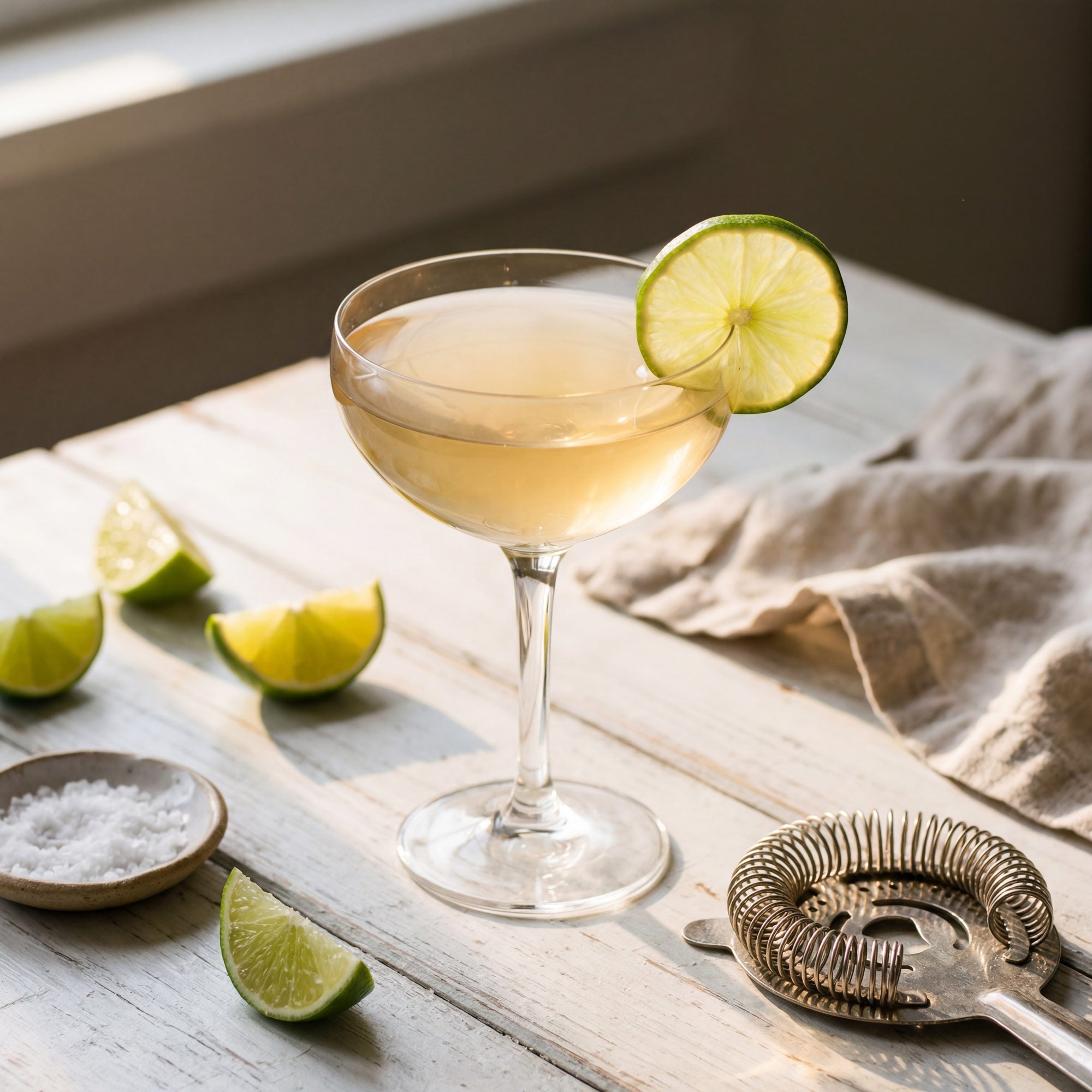 Tequila honeysuckle with lime wheel on a wooden surface with limes and a strainer.