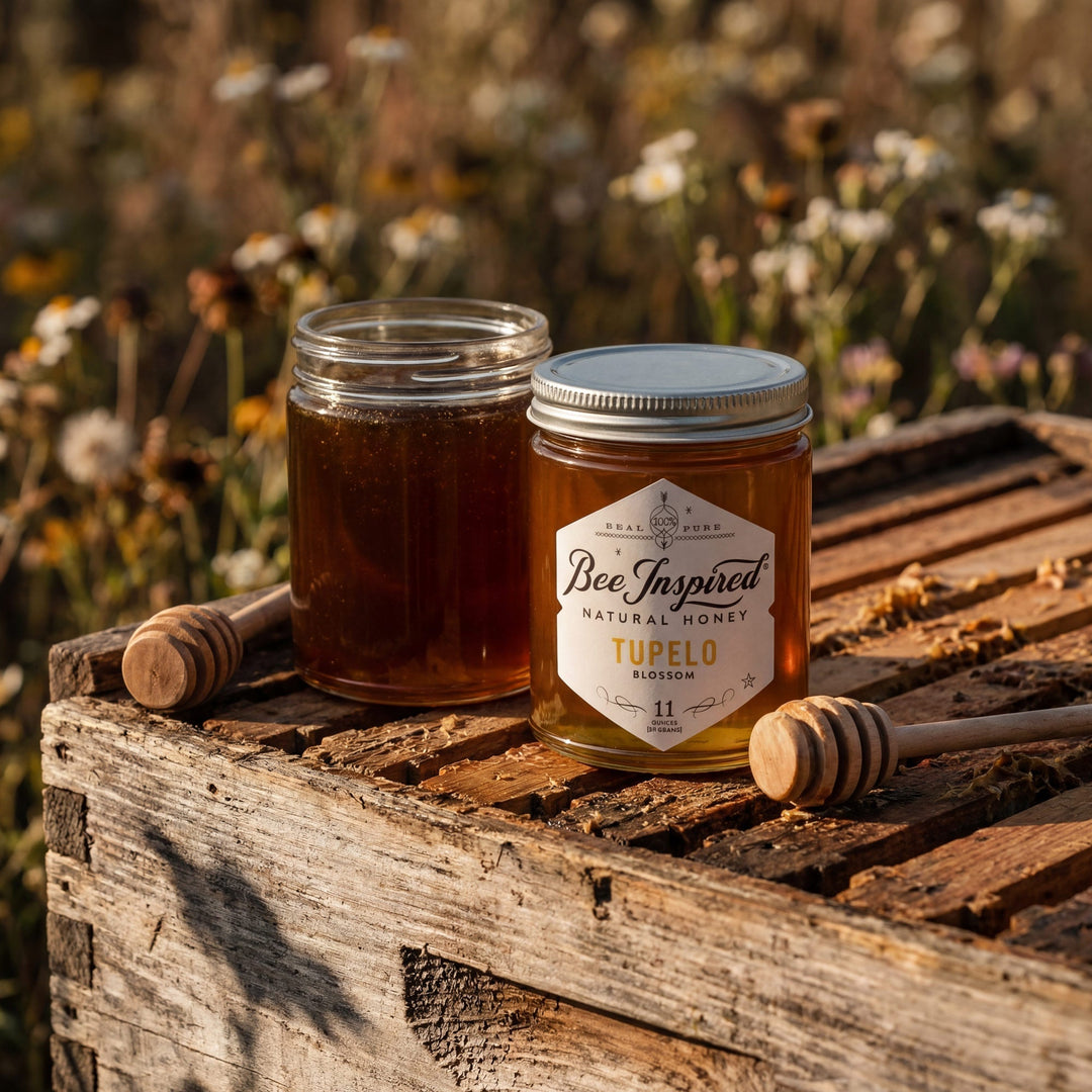 Two jars of honey with a 'Bee Inspired' label on a wooden surface with a natural background.