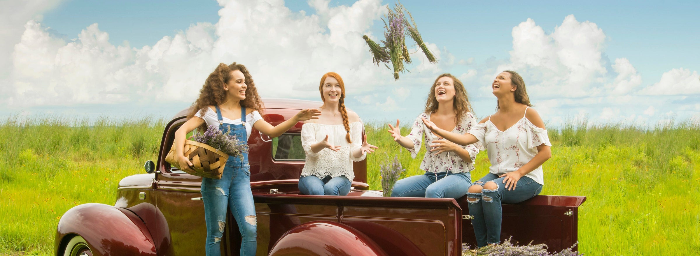girls in red truck with lavender