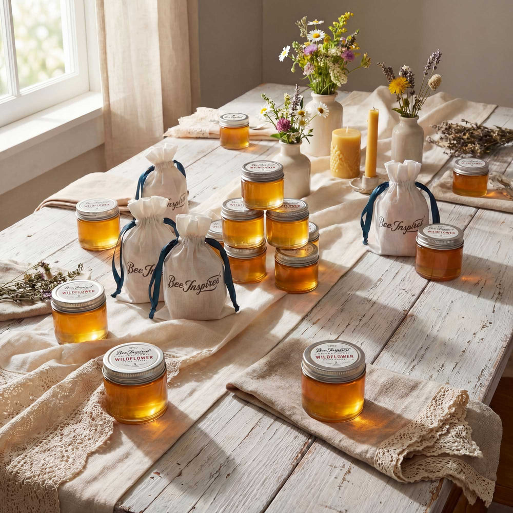 Jars of honey on a wooden table with decorative elements