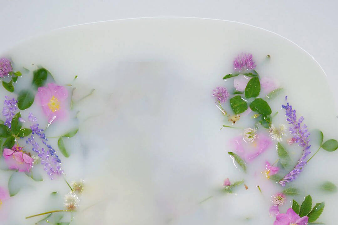 A milk bath topped with lavender and pink flowers 