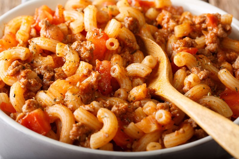 american chop suey in a white bowl