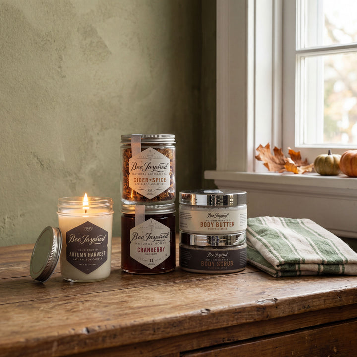 Collection of Bee Inspired products including candles and body scrubs on a wooden surface with a window in the background.