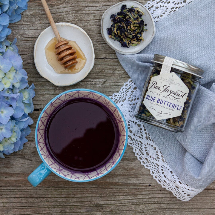 blue butterfly pea tea in package and as tea