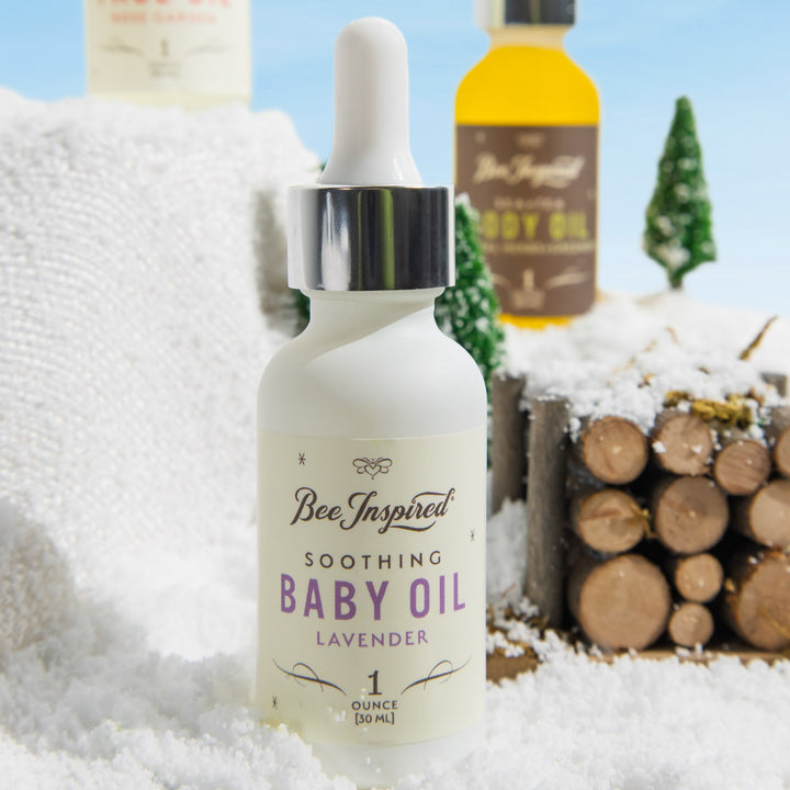 baby oil in a winter setting