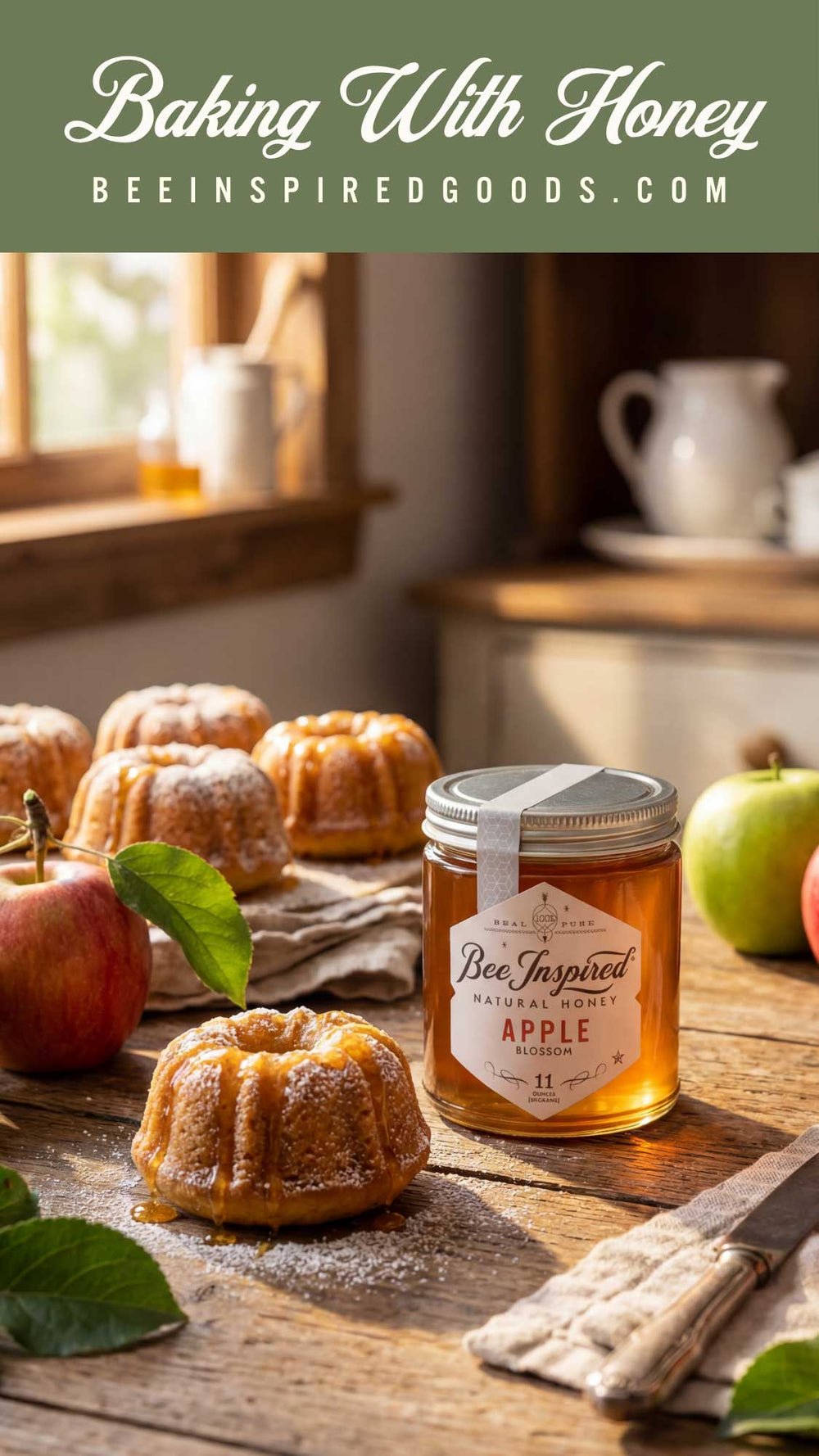 A jar of Bee Inspired Goods Apple Honey sits on a rustic wooden table next to apple pie and bundt cakes, with a green banner at the top reading 'Baking With Honey BEEINSPIREDGOODS.COM'.