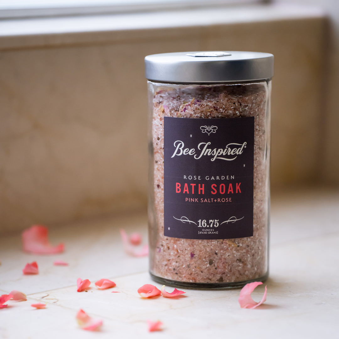 Rose Garden bath soak on bathroom counter 