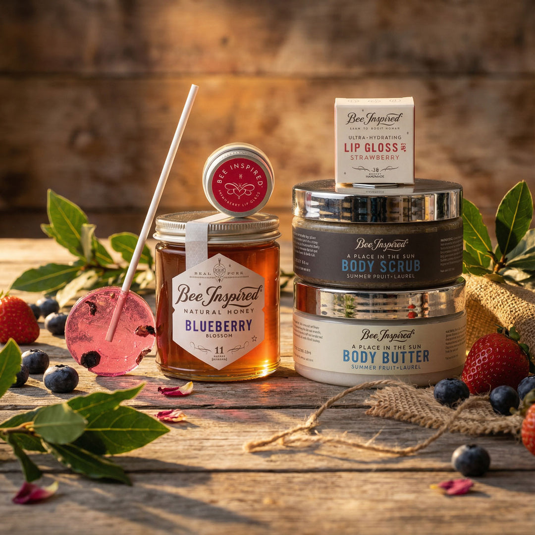 Berry Lovers Gift on a wooden surface with berries and laurel bay leaves.

