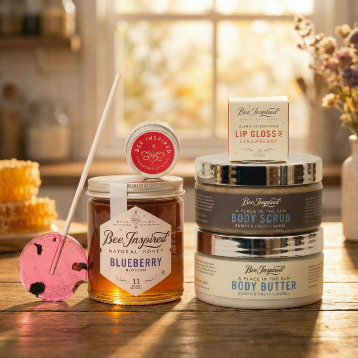 Bee Inspired Berry Lovers Gift on a wooden counter inside a country kitchen in front of a window in morning light

