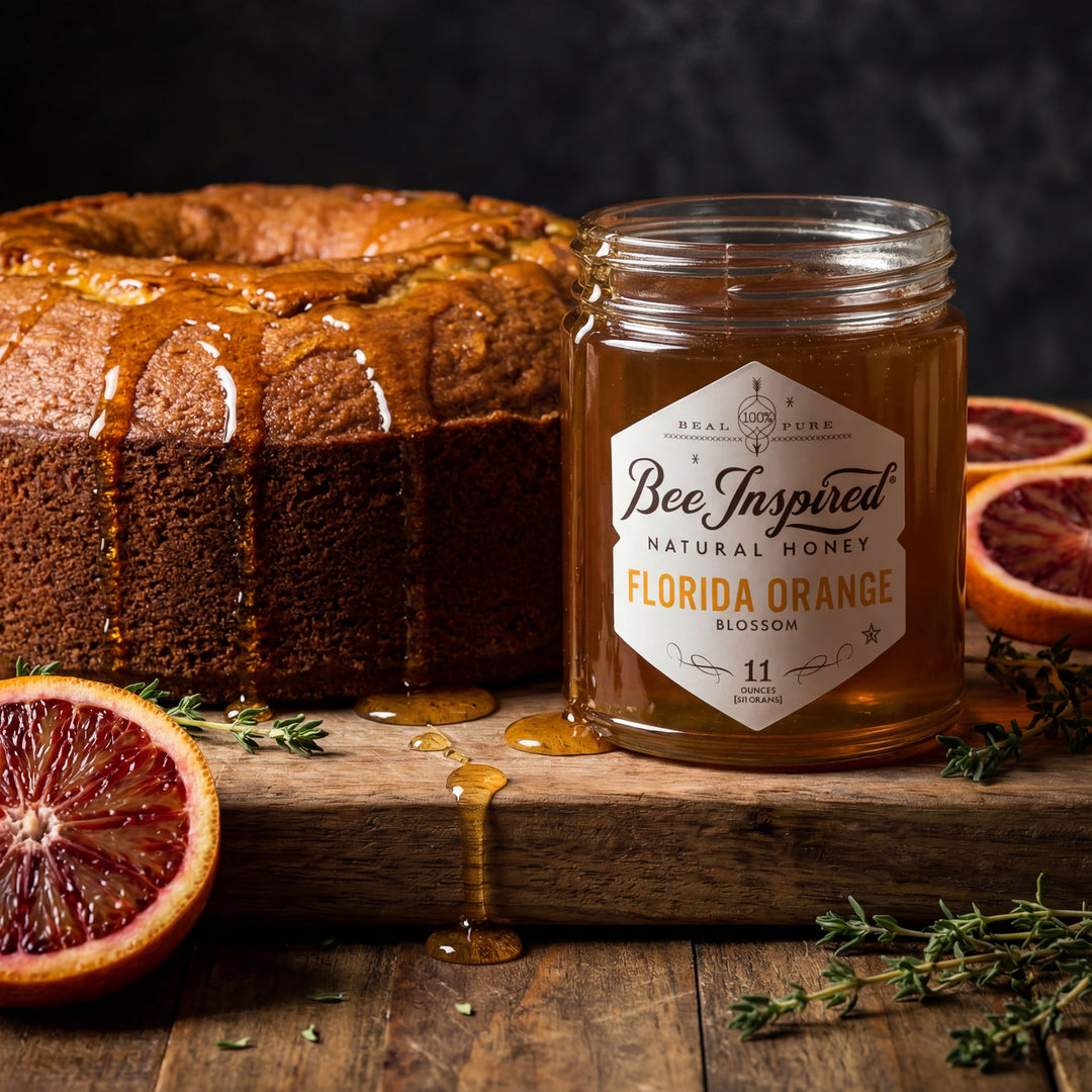 Jar of 'Bee Inspired' Florida Orange Blossom honey with a cake and oranges on a wooden surface.
