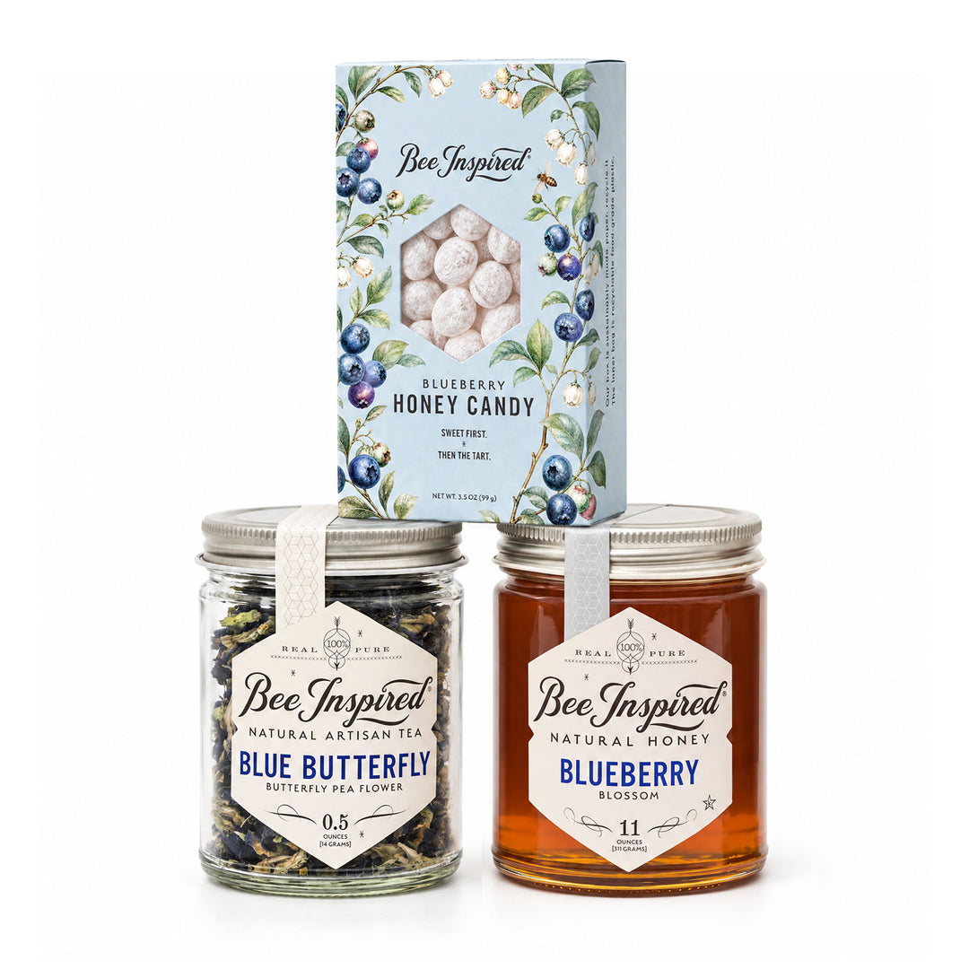 Bee Inspired Blue Christmas Gift Set with blueberry honey candy, Blue Butterfly Tea set and blueberry blossom honey