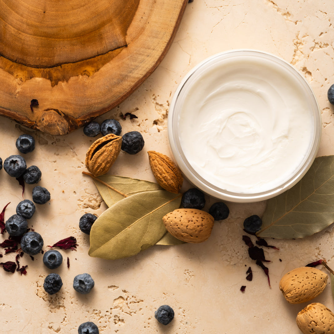 A Place in the Sun butter open container aerial view with blueberries and nuts 