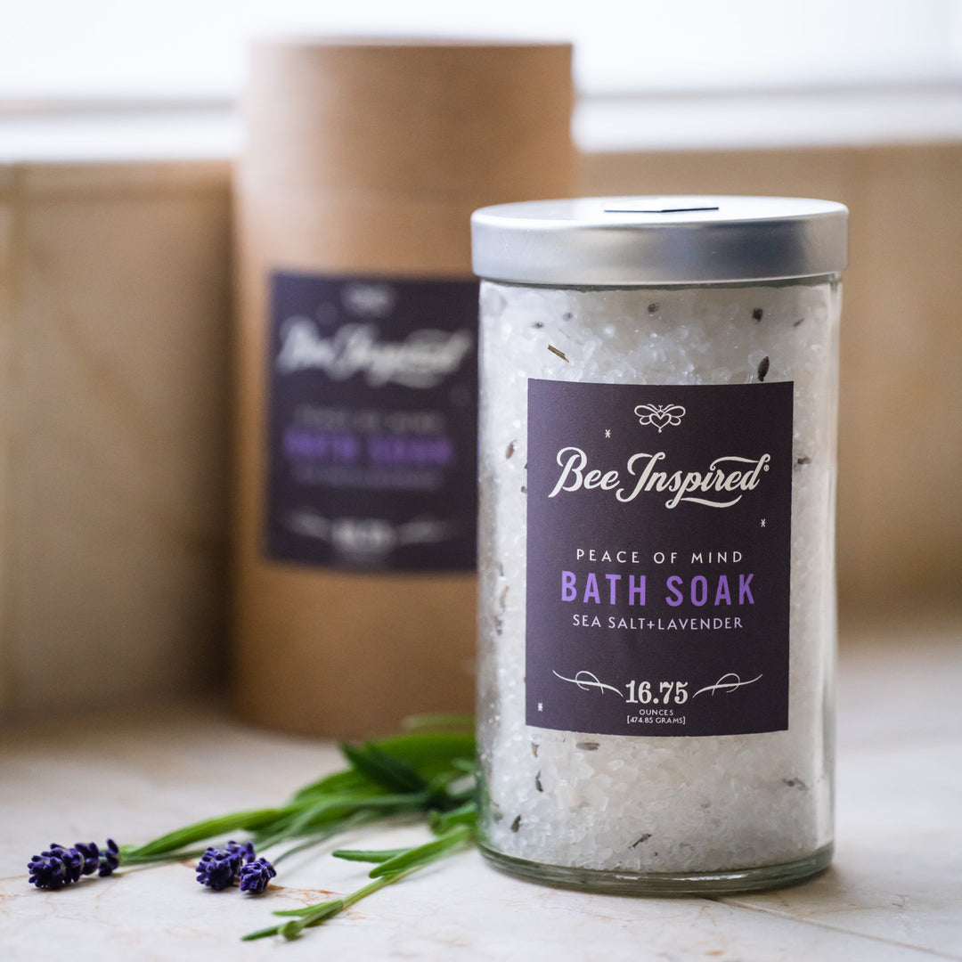 Peace of Mind bath soak on bathroom counter