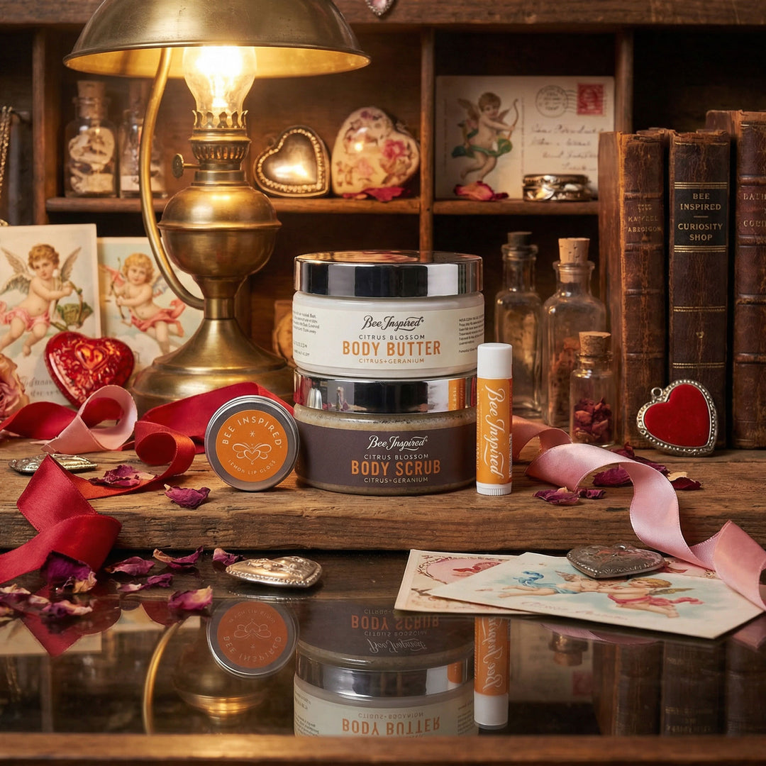 Body care products on a wooden surface with vintage decor