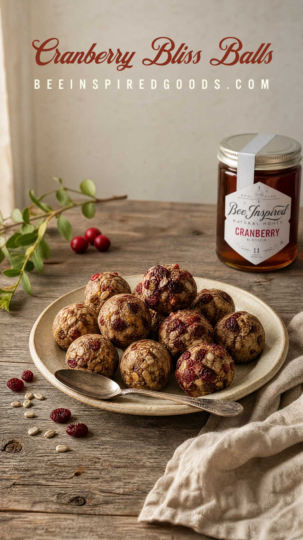 Cranberry Bliss Balls served on a ceramic plate with a spoon, next to a jar of Bee Inspired Cranberry Jam, on a rustic wooden table with a cloth napkin and cranberry sprigs.