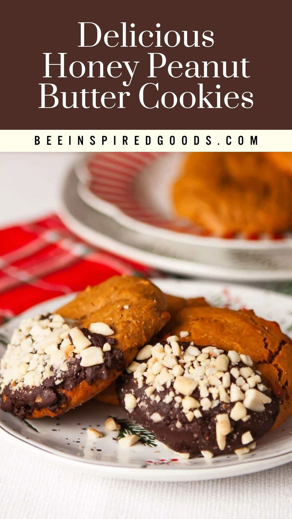 Three chocolate-dipped honey peanut butter cookies topped with crushed peanuts on a white plate, with a blurred second plate and cookie in the background and a red plaid napkin. Large text at the top reads 'Delicious Honey Peanut Butter Cookies' with 'BEEINSPIREDGOODS.