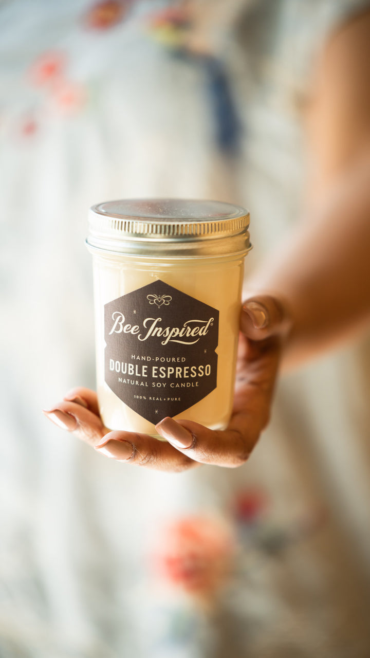 Double Espresso jelly jar candle held in hand 