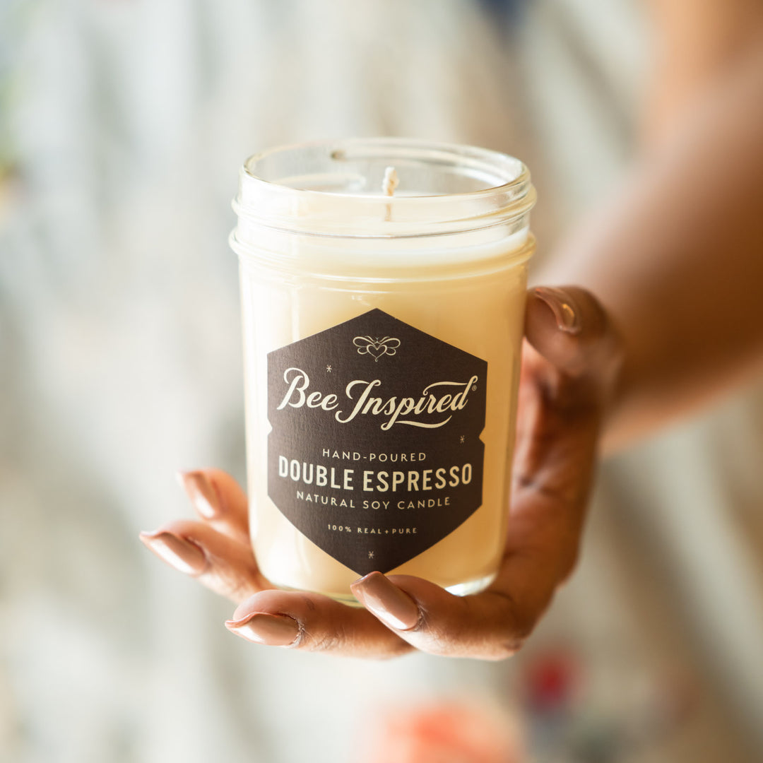 Double Espresso jelly jar candle held in hand 