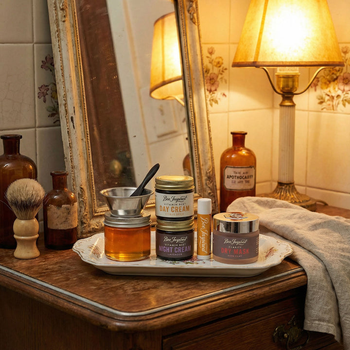 Vintage-style bathroom counter with skincare products and a lamp.