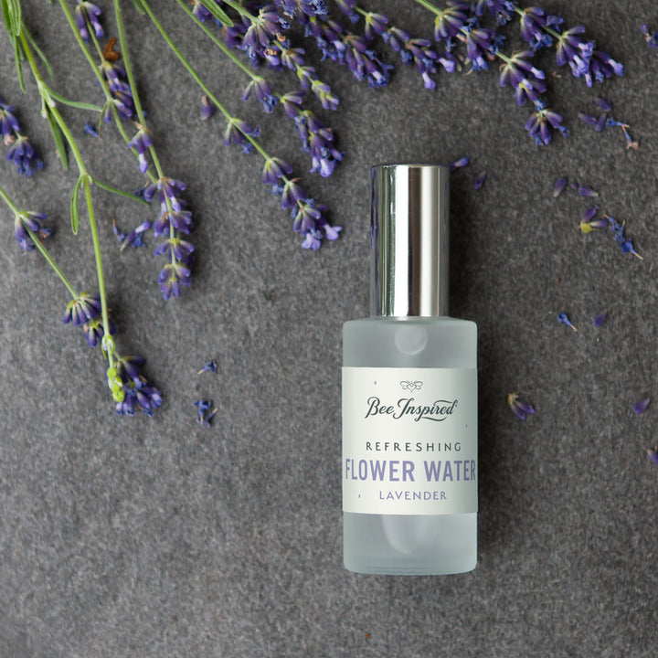 Lavender flower water flat lay with lavender 