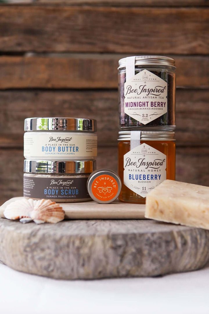 products in Fun in the Sun gift set displayed with sea shells 